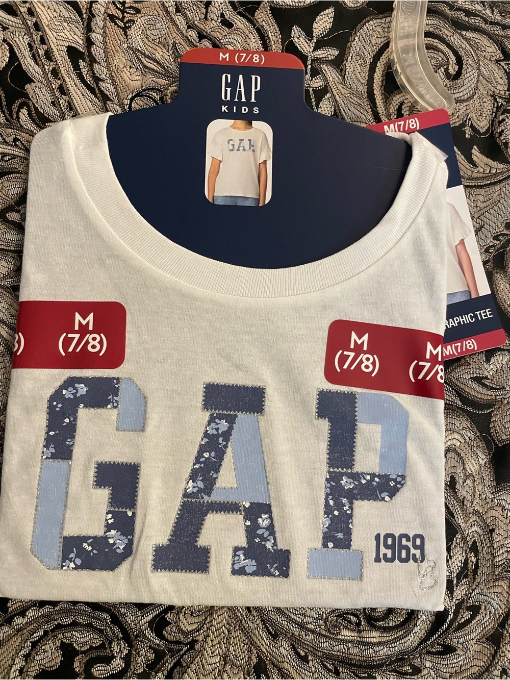 GAP Kids White Short-Sleeve Tee with Navy and Light Blue Logo